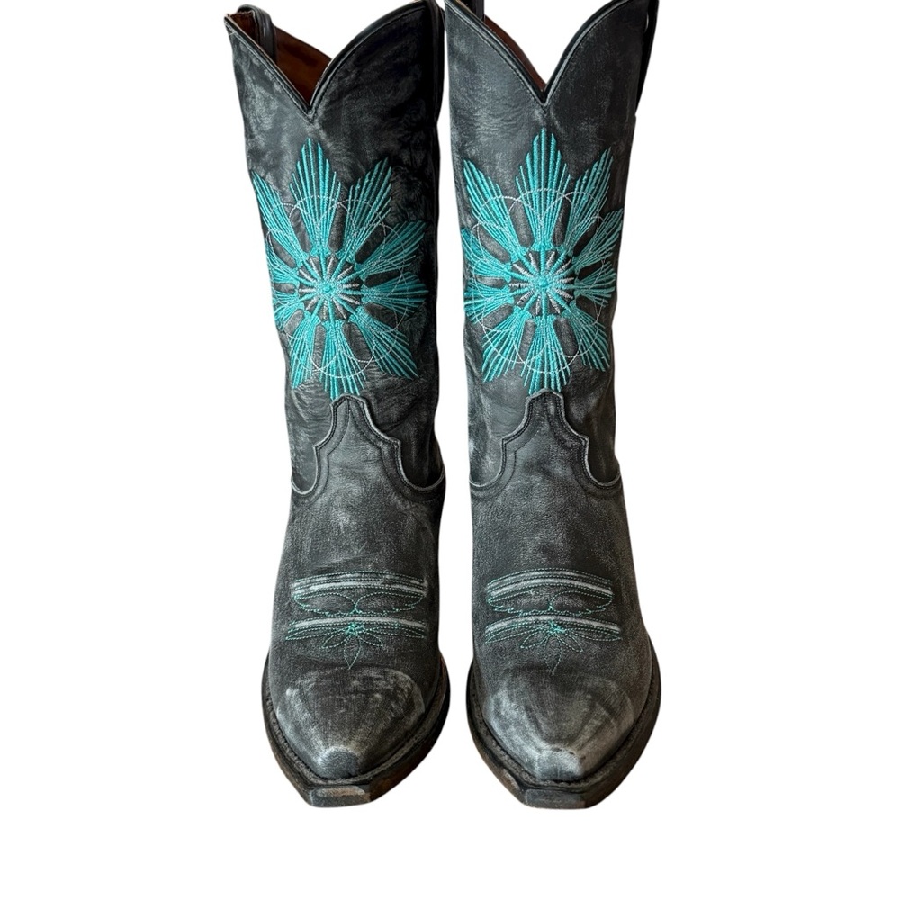 Eight Second Angel Leather Snip Toe Cheyenne Cowgirl Boots Gray and Turquoise 10 - Picture 2 of 10